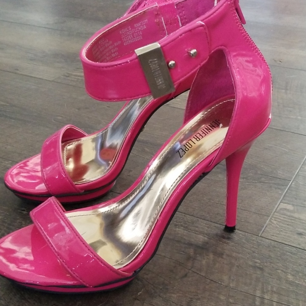 Hot pink patent leather heels with ankle strap
